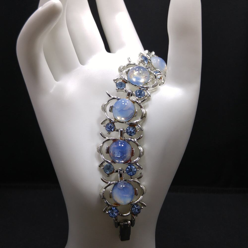 Vintage Faux Moonstone Blue Rhinestone Bracelet Rhodium Plated